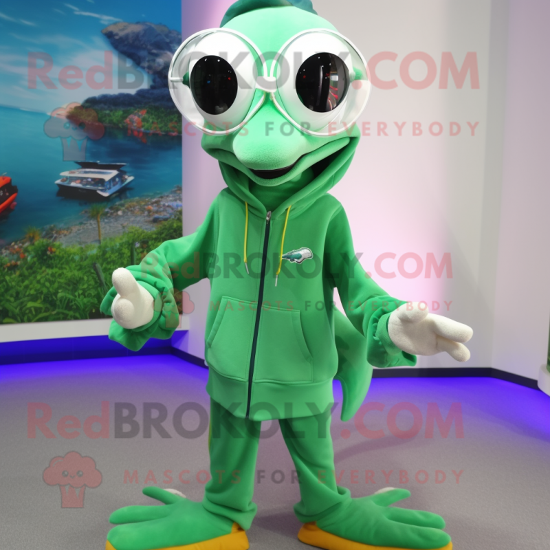 Green Dolphin mascot costume character dressed with a Sweatshirt and Eyeglasses