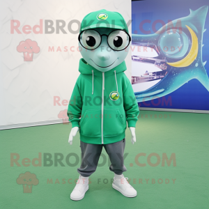 Green Dolphin mascot costume character dressed with a Sweatshirt and Eyeglasses