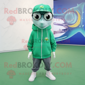 Green Dolphin mascot costume character dressed with a Sweatshirt and Eyeglasses