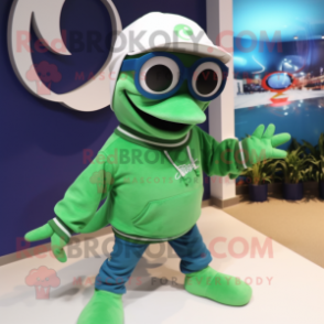 Green Dolphin mascot costume character dressed with a Sweatshirt and Eyeglasses