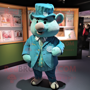 Turquoise Sow mascot costume character dressed with a Culottes and Berets
