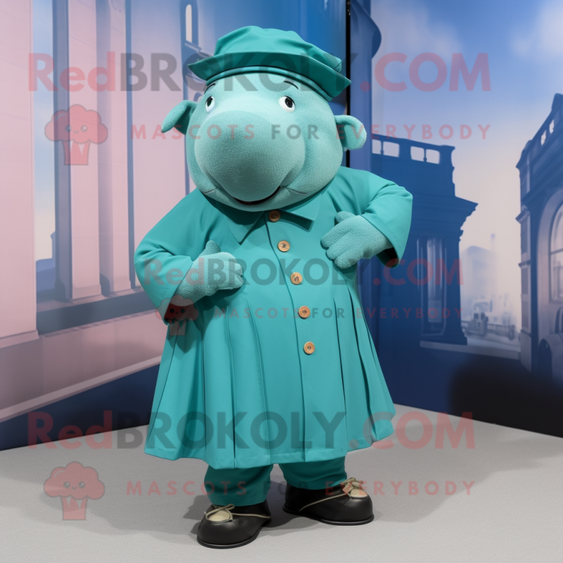 Turquoise Sow mascot costume character dressed with a Culottes and Berets Turquoise Sow mascot costume character dressed with a Culottes and Berets