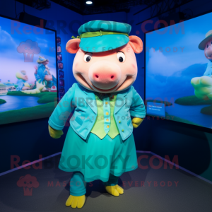 Turquoise Sow mascot costume character dressed with a Culottes and Berets