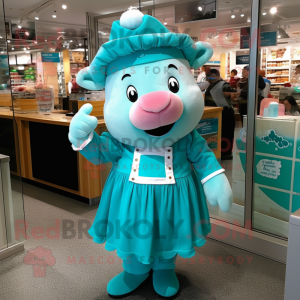 Turquoise Sow mascot costume character dressed with a Culottes and Berets