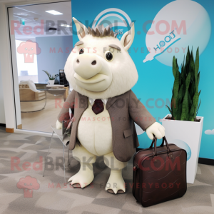 White Woolly Rhinoceros mascot costume character dressed with a Wrap Dress and Briefcases