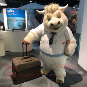 White Woolly Rhinoceros mascot costume character dressed with a Wrap Dress and Briefcases