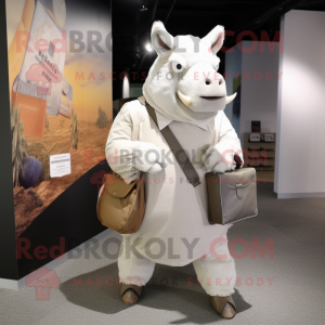 White Woolly Rhinoceros mascot costume character dressed with a Wrap Dress and Briefcases