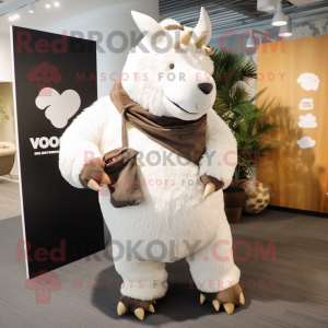 White Woolly Rhinoceros mascot costume character dressed with a Wrap Dress and Briefcases