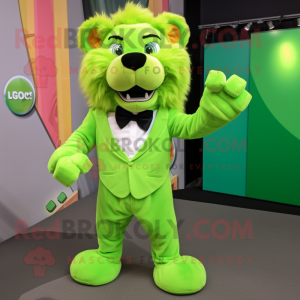 Lime Green Tamer Lion mascot costume character dressed with a Oxford Shirt and Bow ties