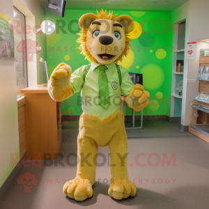 Lime Green Tamer Lion mascot costume character dressed with a Oxford Shirt and Bow ties