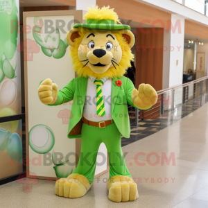 Lime Green Tamer Lion mascot costume character dressed with a Oxford Shirt and Bow ties
