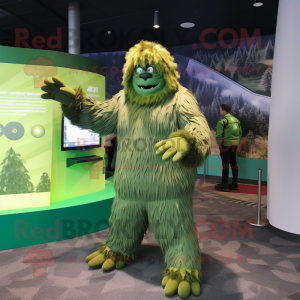Green Sasquatch mascot costume character dressed with a Jumpsuit and Scarves