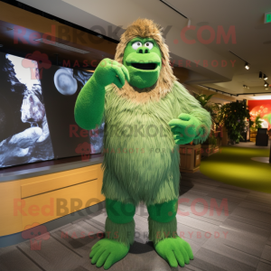 Green Sasquatch mascot costume character dressed with a Jumpsuit and Scarves
