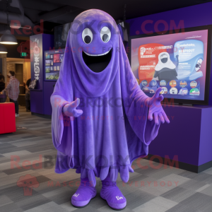 Purple Ghost mascot costume character dressed with a Hoodie and Pocket squares