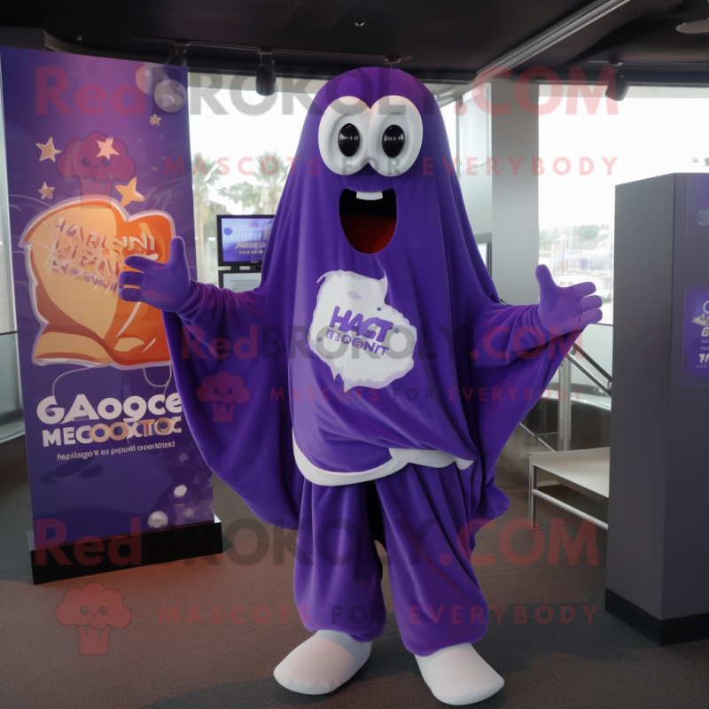 Purple Ghost mascot costume character dressed with a Hoodie and Pocket squares Purple Ghost mascot costume character dressed with a Hoodie and Pocket squares