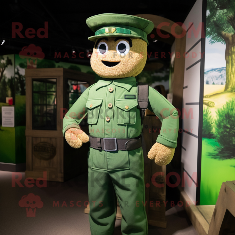Forest Green Soldier mascot costume character dressed with a Henley Tee and Suspenders