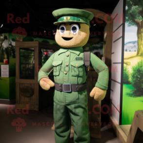 Forest Green Soldier mascot costume character dressed with a Henley Tee and Suspenders