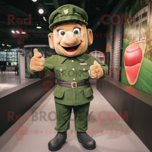 Forest Green Soldier mascot costume character dressed with a Henley Tee and Suspenders