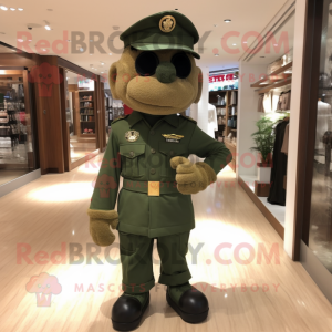 Forest Green Soldier mascot costume character dressed with a Henley Tee and Suspenders