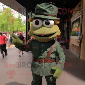 Forest Green Soldier mascot costume character dressed with a Henley Tee and Suspenders