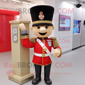 Beige British Royal Guard mascot costume character dressed with a Graphic Tee and Bracelet watches