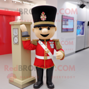 Beige British Royal Guard mascot costume character dressed with a Graphic Tee and Bracelet watches