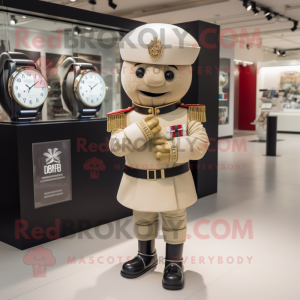 Beige British Royal Guard mascot costume character dressed with a Graphic Tee and Bracelet watches