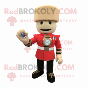 Beige British Royal Guard mascot costume character dressed with a Graphic Tee and Bracelet watches