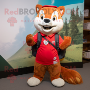 Red Weasel mascot costume character dressed with a Shorts and Backpacks