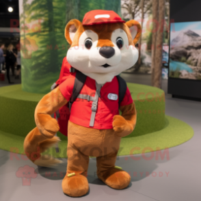 Red Weasel mascot costume character dressed with a Shorts and Backpacks