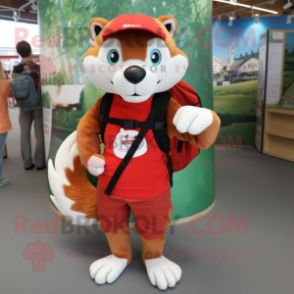 Red Weasel mascot costume character dressed with a Shorts and Backpacks