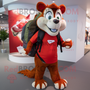 Red Weasel mascot costume character dressed with a Shorts and Backpacks
