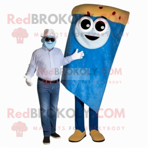 Blue Pizza Slice mascot costume character dressed with a Jeans and Scarf clips