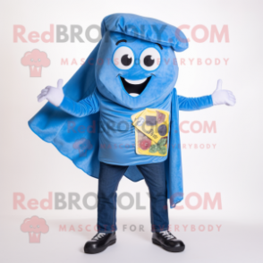Blue Pizza Slice mascot costume character dressed with a Jeans and Scarf clips