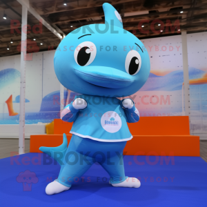 Sky Blue Dolphin mascot costume character dressed with a Yoga Pants and Anklets