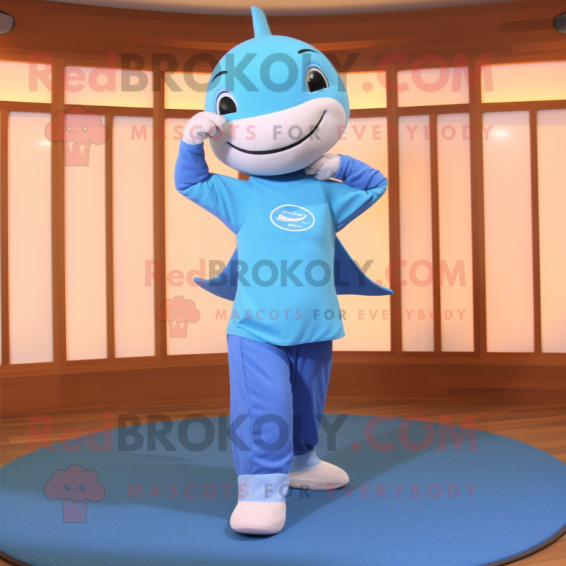 Sky Blue Dolphin mascot costume character dressed with a Yoga Pants and Anklets