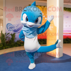 Sky Blue Dolphin mascot costume character dressed with a Yoga Pants and Anklets