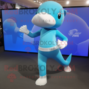 Sky Blue Dolphin mascot costume character dressed with a Yoga Pants and Anklets