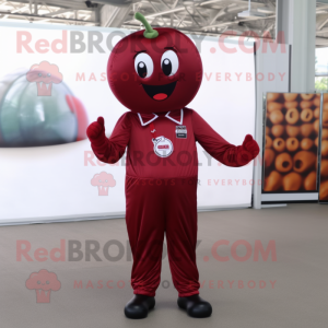 Maroon Cherry mascot costume character dressed with a Jumpsuit and Suspenders