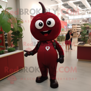Maroon Cherry mascot costume character dressed with a Jumpsuit and Suspenders