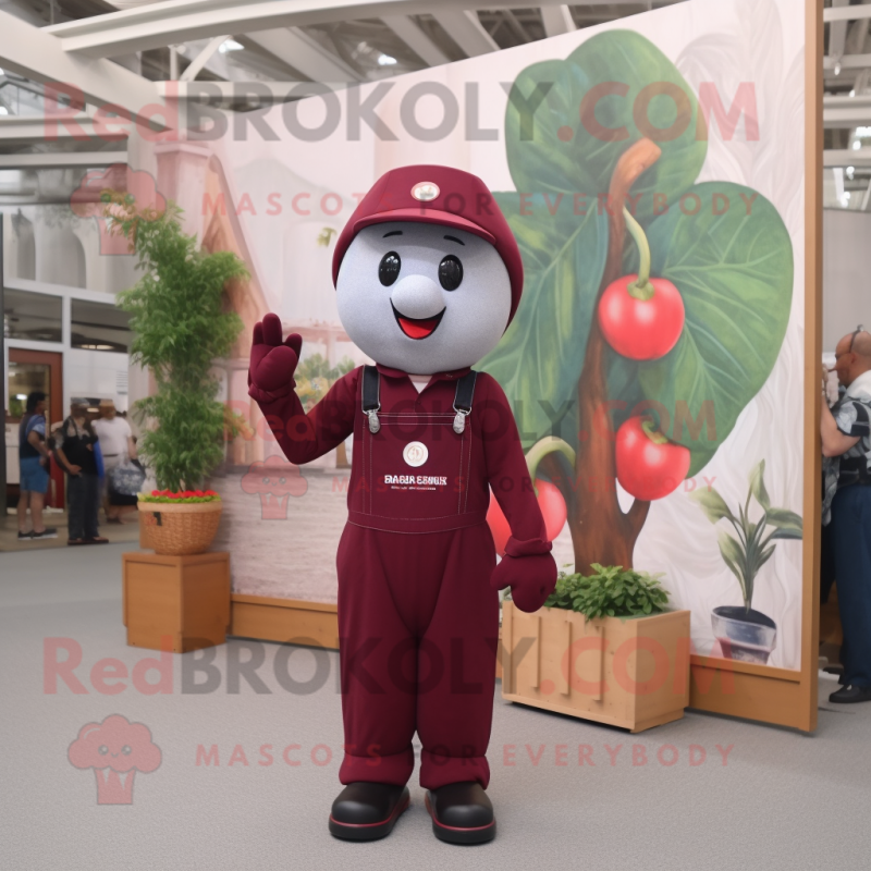 Maroon Cherry mascot costume character dressed with a Jumpsuit and Suspenders Maroon Cherry mascot costume character dressed with a Jumpsuit and Suspenders
