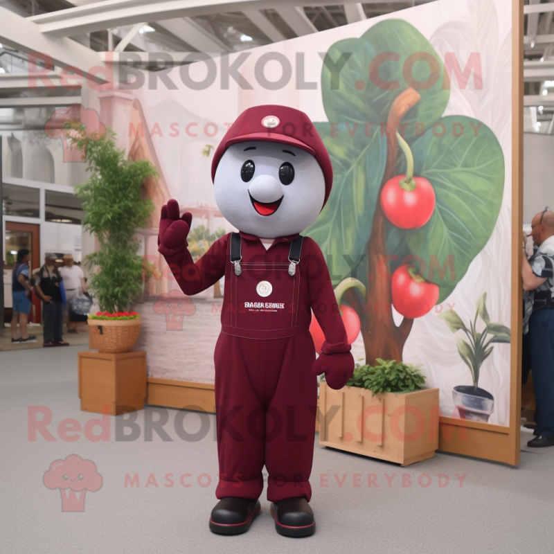 Maroon Cherry mascot costume character dressed with a Jumpsuit and Suspenders