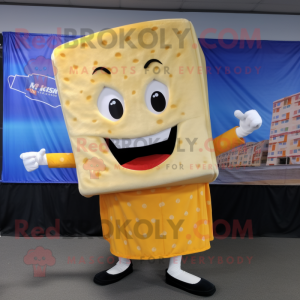 White Grilled Cheese Sandwich mascot costume character dressed with a Tank Top and Tie pins