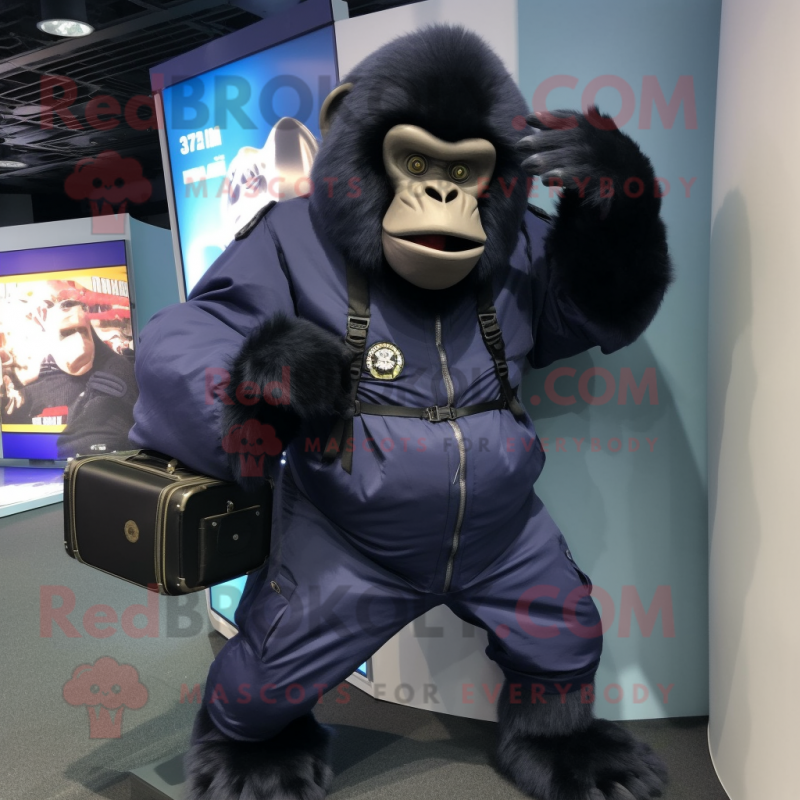 Navy Gorilla mascot costume character dressed with a Jumpsuit and Backpacks Navy Gorilla mascot costume character dressed with a Jumpsuit and Backpacks