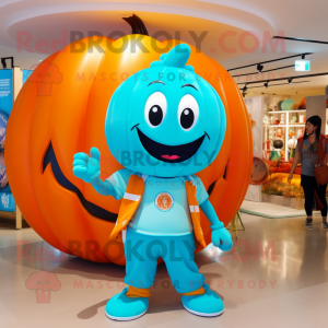 Turquoise Pumpkin mascot costume character dressed with a Polo Tee and Rings