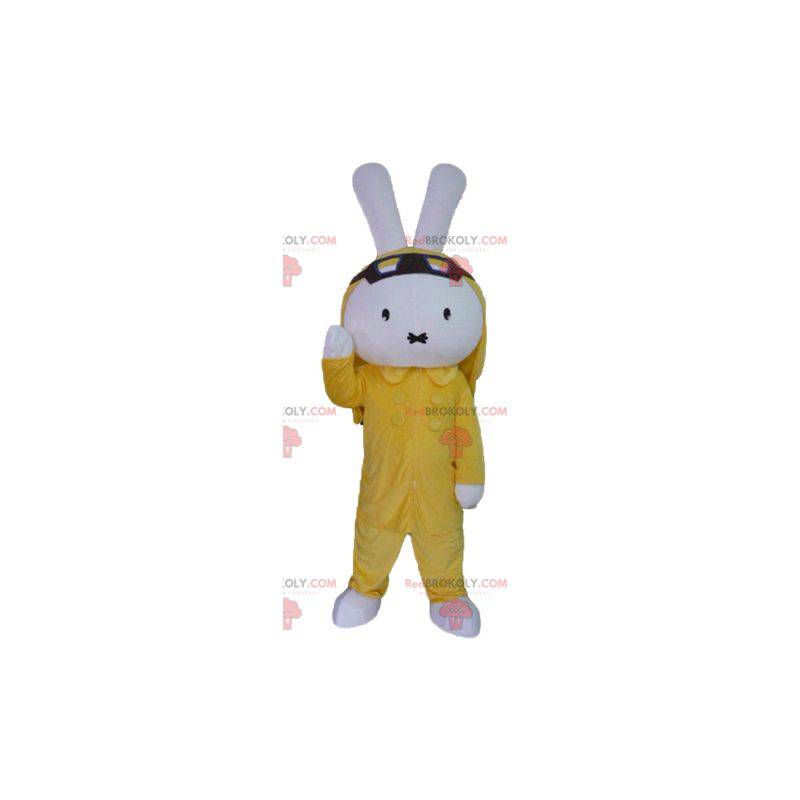 Plush white rabbit mascot dressed in yellow - Redbrokoly.com