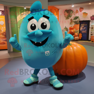 Turquoise Pumpkin mascot costume character dressed with a Polo Tee and Rings