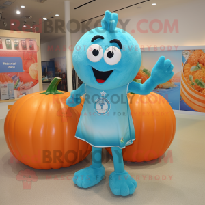 Turquoise Pumpkin mascot costume character dressed with a Polo Tee and Rings