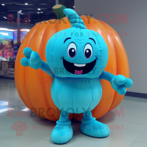 Turquoise Pumpkin mascot costume character dressed with a Polo Tee and Rings