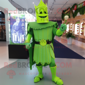 Lime Green Medieval Knight mascot costume character dressed with a Romper and Earrings